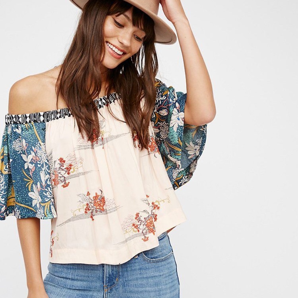 Free People Off-Shoulder Floral Blouse in Cream and Teal